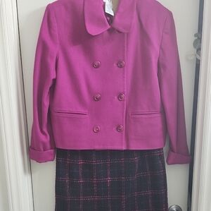 Mixit Wool Suit 1990s. Fushia Cropped Jacket With Black Plaid Skirt